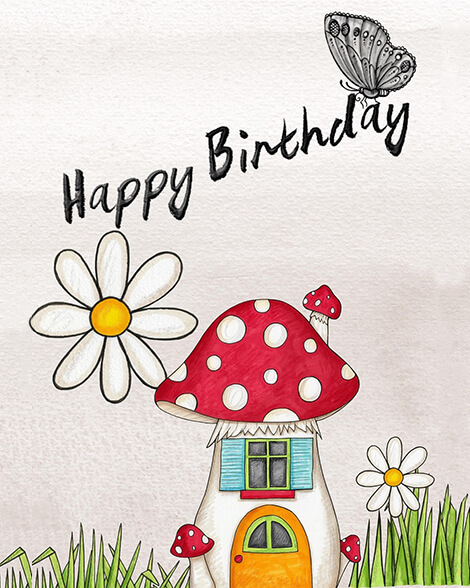 Happy birthday mushroom house card
