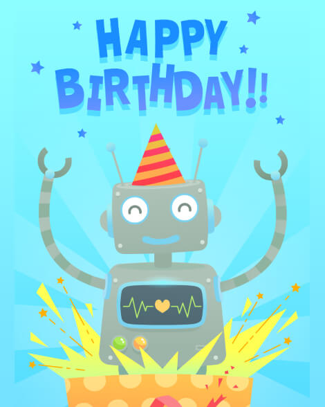 Happy birthday robot bursting cake card