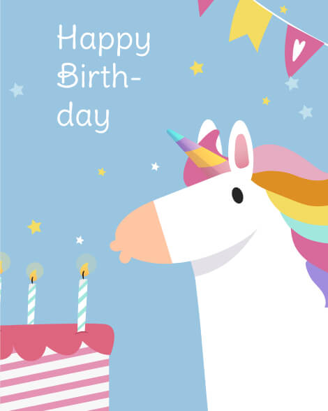Happy birthday unicorn blowing candles card